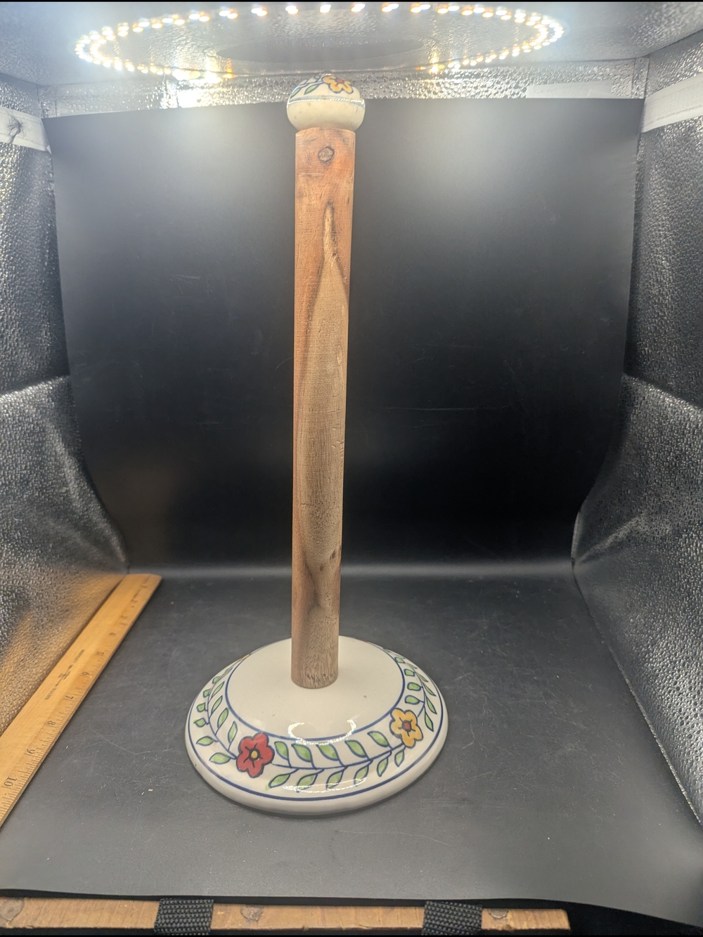 Ceramic Floral Paper Towel Holder with Wooden Rod And Ceramic Top